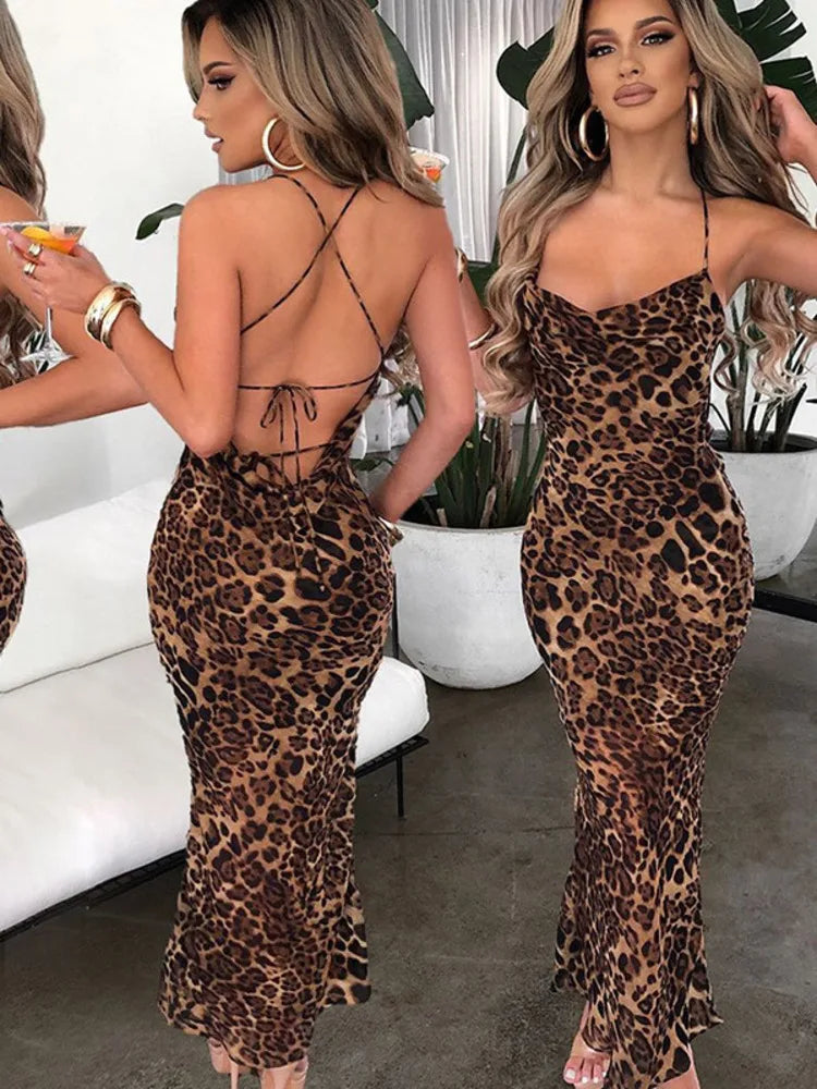 Leopard Print Maxi Dress for Summer Club Party Dresses Female Spaghetti Strap Sleeveless Long Dress