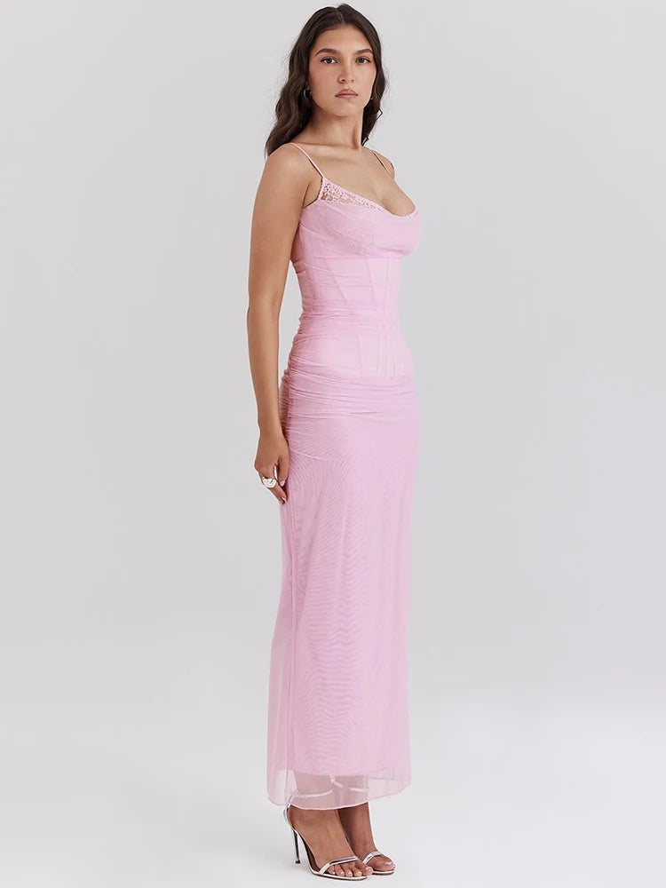 Mesh Maxi Dress for Light Purple Fishbone Spaghetti Strap Sleeveless Backless Party Long Dress New