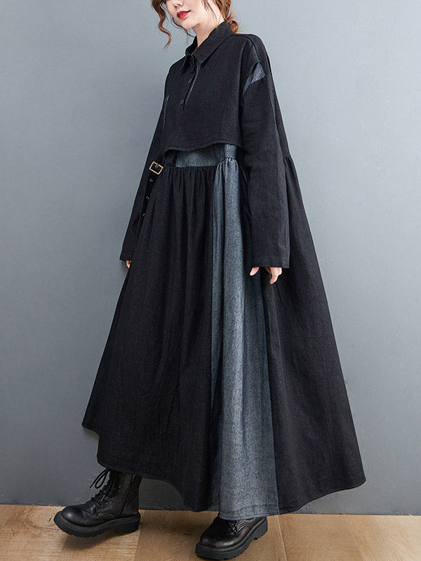 Original Loose Denim Split-joint Tied Lapel Collar Long Sleeves Midi Dress