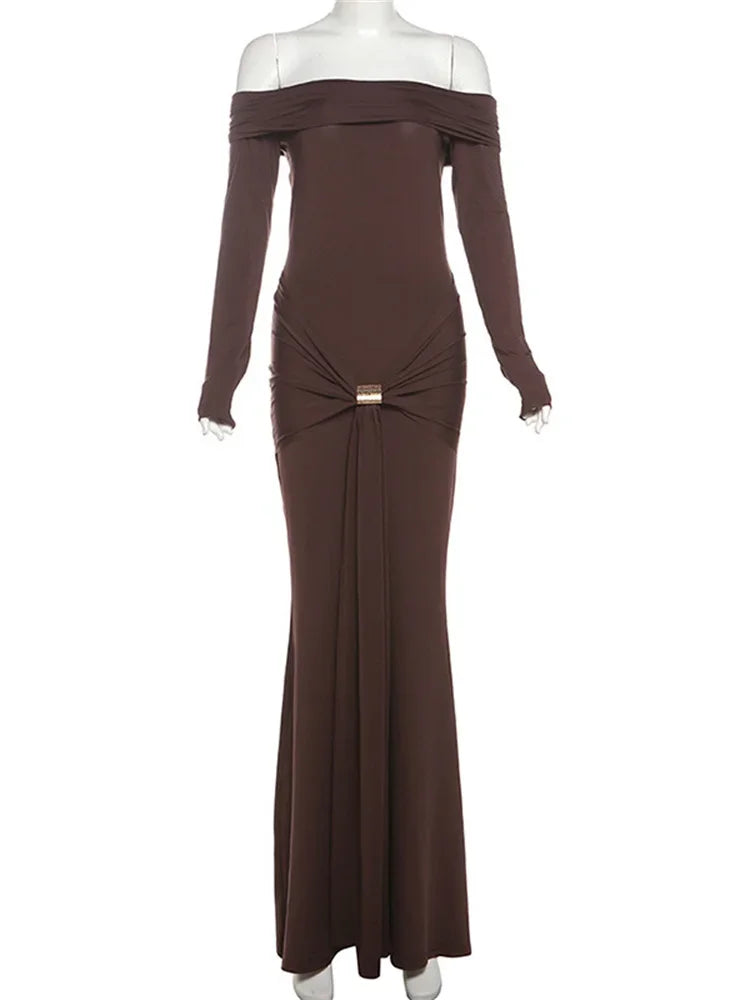Autumn Backless Long Dress High Waist Slim Pleated Patchwork Off-shoulder Party Dress ’s Bodycon Dress