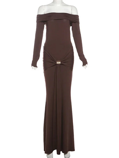 Autumn Backless Long Dress High Waist Slim Pleated Patchwork Off-shoulder Party Dress ’s Bodycon Dress