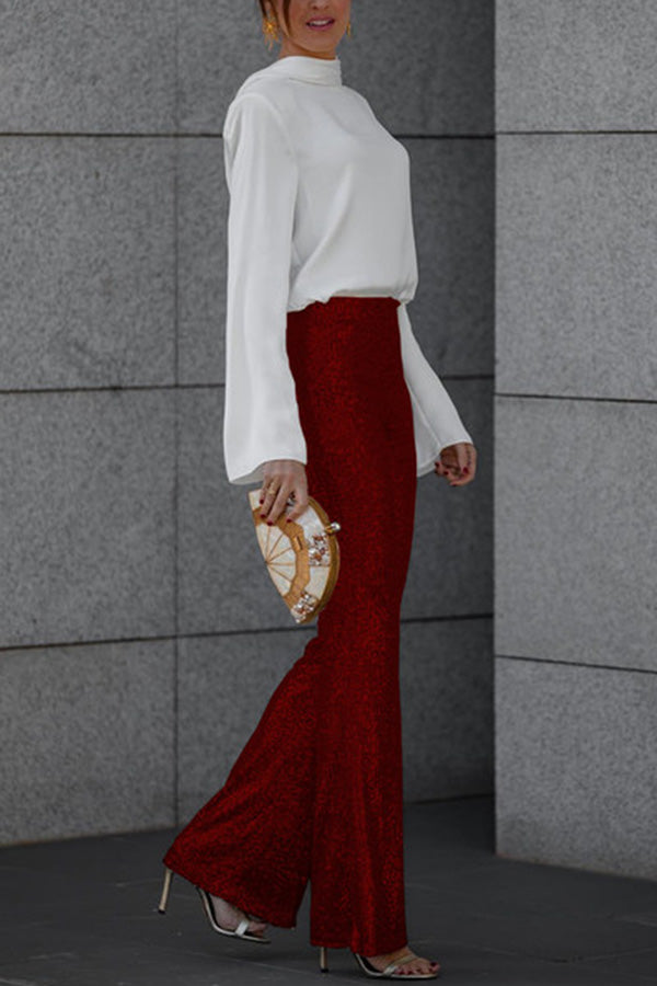 Diva Sequin High Rise Elastic Waist Flare Pants(shipped Within 24 Hours)