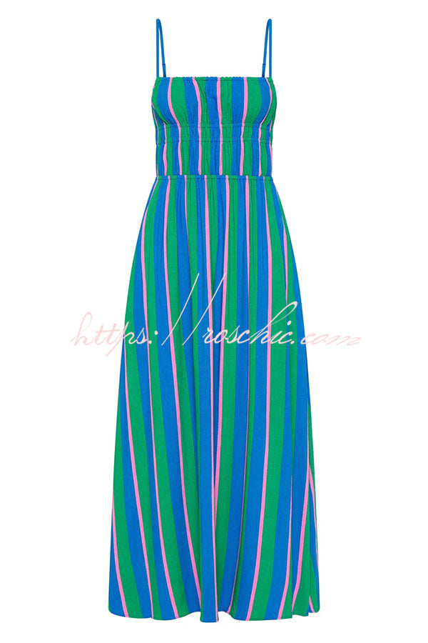 Gigi Linen Blend Stripe Elastic Bodice Pocket Loose Midi Dress