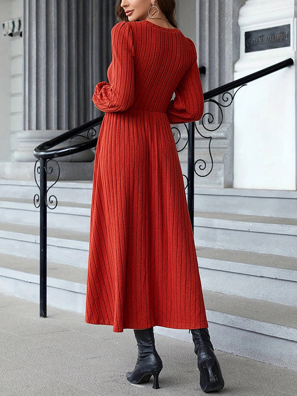 A-line Long Sleeves Color Split-joint Round-neck Midi Dresses
