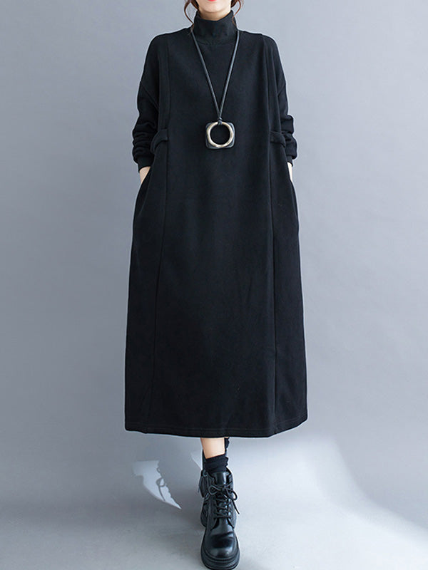 A-line Long Sleeves Color Mock Neck Midi Dresses