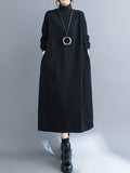 A-line Long Sleeves Color Mock Neck Midi Dresses