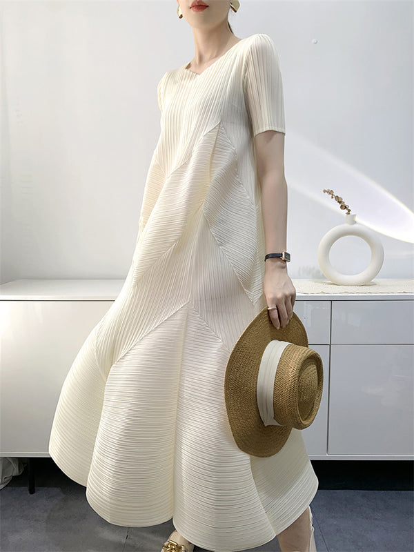 Loose Short Sleeves Pleated Color Split-joint V-neck Midi Dresses