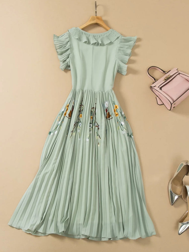 Palm Flying Ruffled Sleeve Pleated Hem Midi Dress