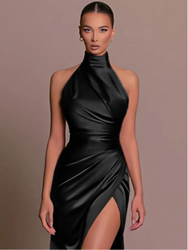 Satin Hanging Collar Sleeveless Split Slim Fit Dress Slim Summer New Long Dress Party Evening Dress