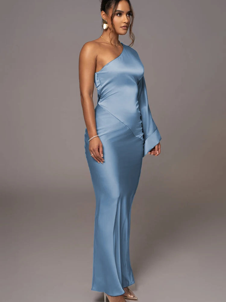 - Long Sleeved Party Evening Dress for , Flared Sleeves, Single Shoulder Bodycon, Maxi Dress, Backless Gown