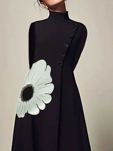 A-line Long Sleeves Flower Print High Neck Midi Dresses
