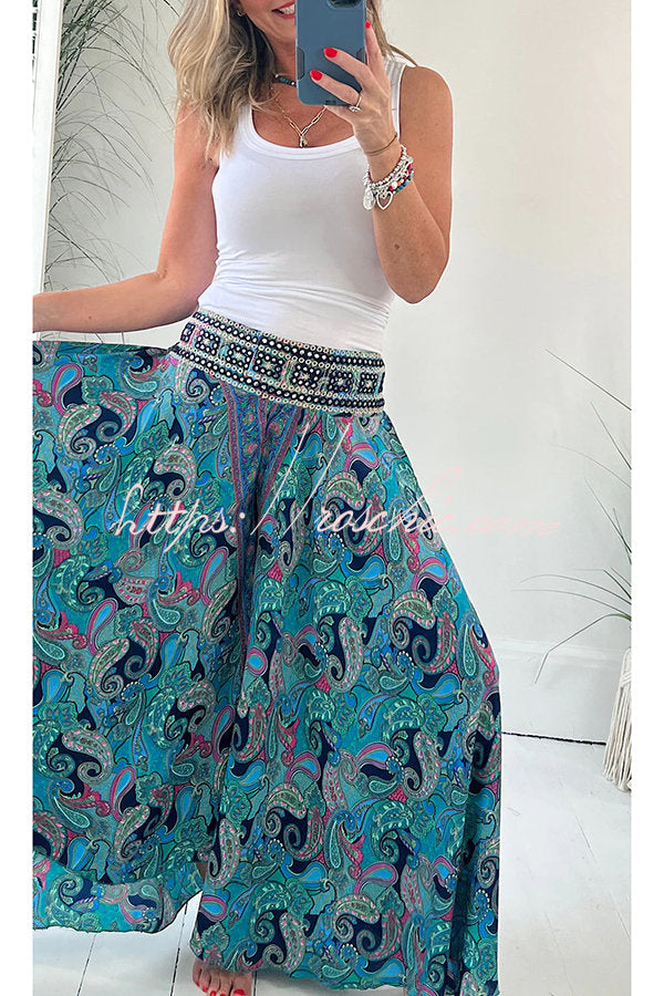 Paisley Print Elastic Patchwork Waist Pocketed Lightweight Pants
