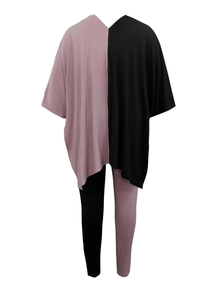 V Neck Side Split Patchwork Pants Set Autumn ’s Short Sleeve Oversized Two Pieces Outfit
