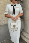 Plisse Tweed Pearl Trim Velvet Bow Design Formal Midi Dress