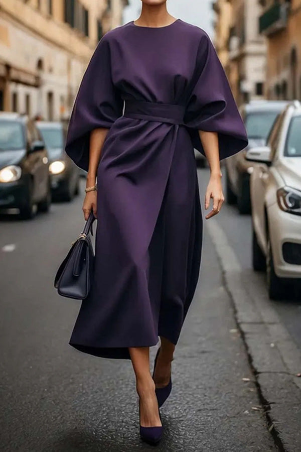 Color Batwing Sleeve Waisted Midi Dress