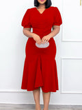 Bodycon Mermaid Pleated Color Zipper V-neck Midi Dresses