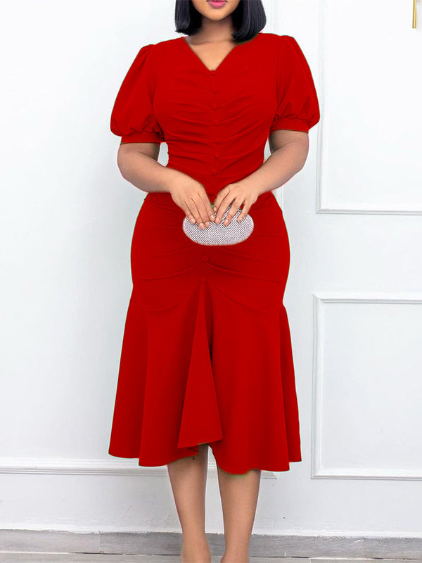 Bodycon Mermaid Pleated Color Zipper V-neck Midi Dresses