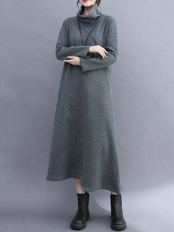Irregularity Long Sleeves Color High-neck Midi Dresses