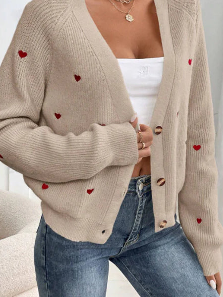 Heart Embroidery V-neck Knit Cardigan