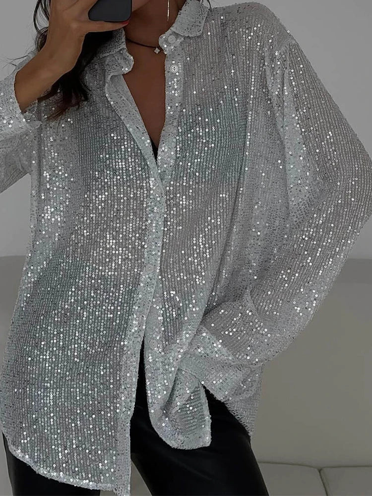 Sequin Loose Shirts Female Lapel Cardigan Summer Clothes New Outwear Glitter Party Blouse ’s