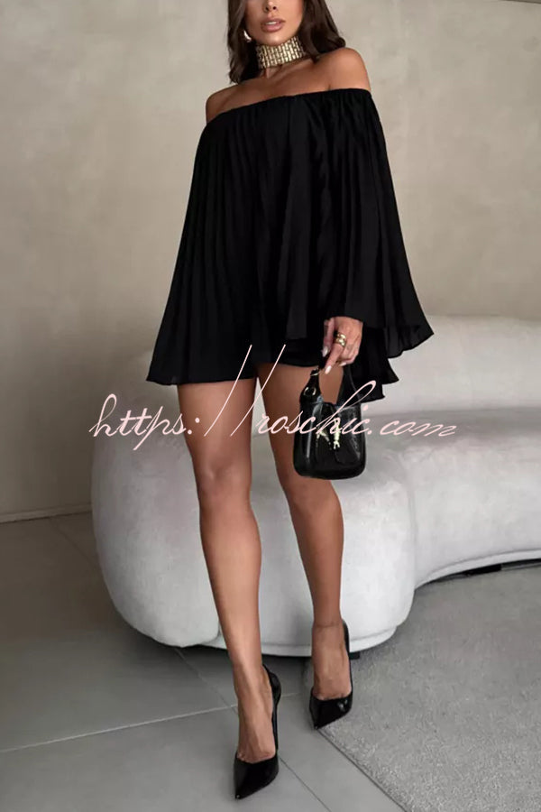 Off-the-shoulder Pleated Loose Top and Elastic Waist Shorts Set