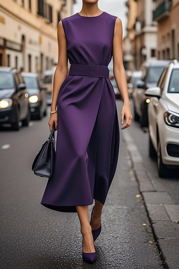 Color Sleeveless Round Neck Midi Dress