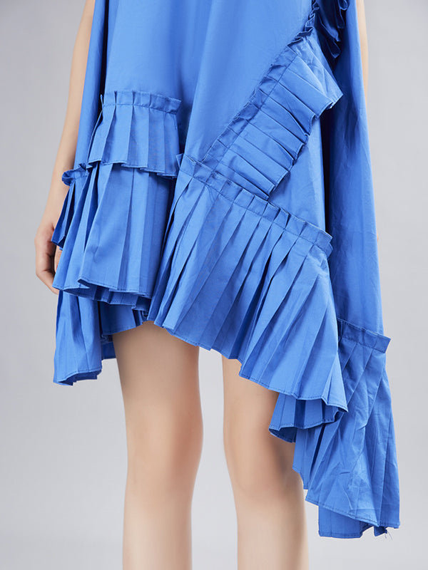 Flying Sleeves Loose Asymmetric Pleated Color Split-joint Round-neck Midi Dresses