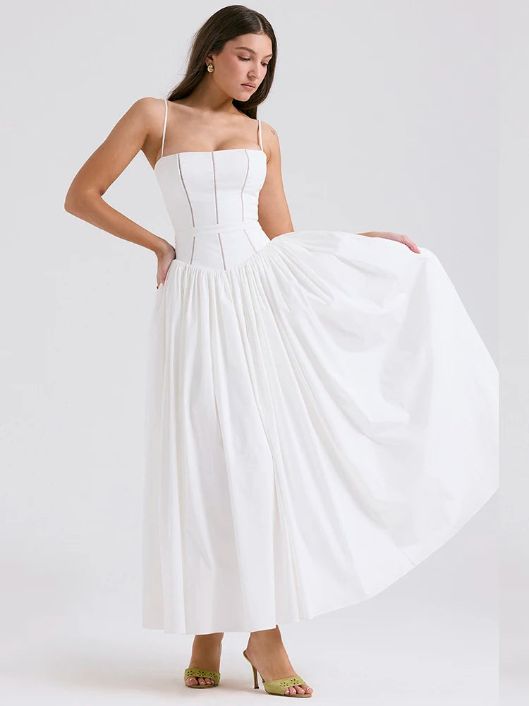 White Sundress Spaghetti Strap Backless Midi Dress for Sleeveless A-line Loose Long Dress New