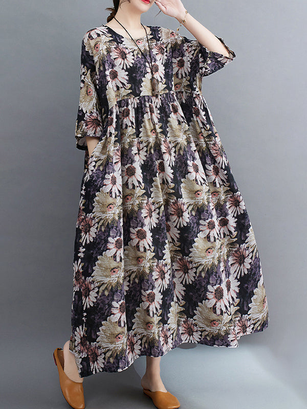 Loose Raglan Sleeve Printed Pleated Split-joint Round-neck Midi Dresses