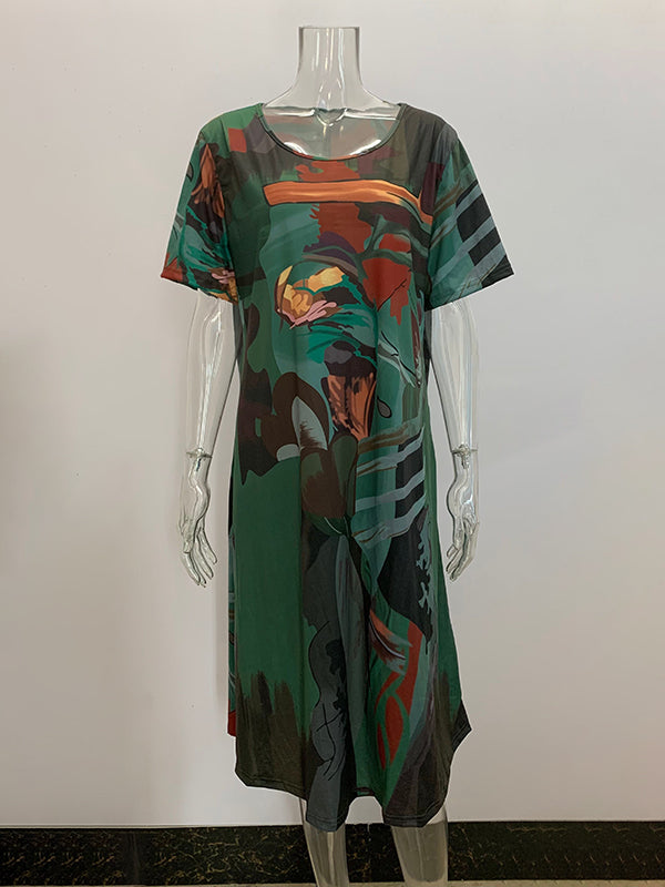 A-line Loose Printed Round-neck Midi Dresses