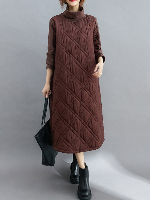 Simple Split-joint High-neck H-line Quilted Midi Dress