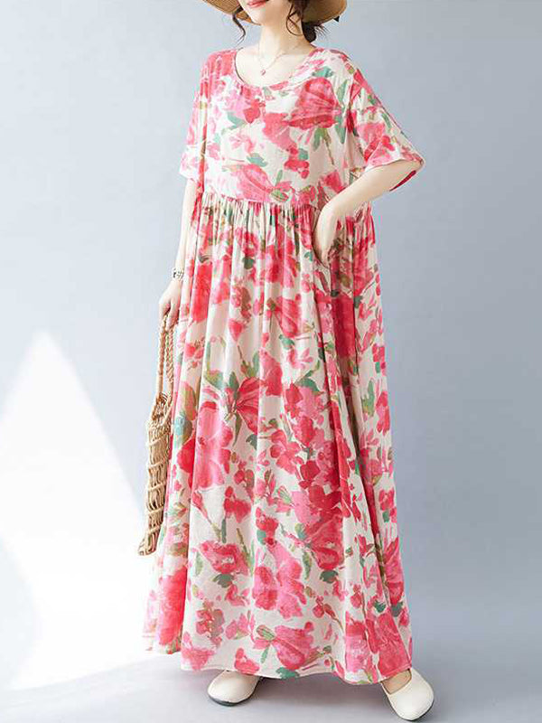 A-line Batwing Sleeves Flower Print Pleated Split-joint Round-neck Midi Dresses