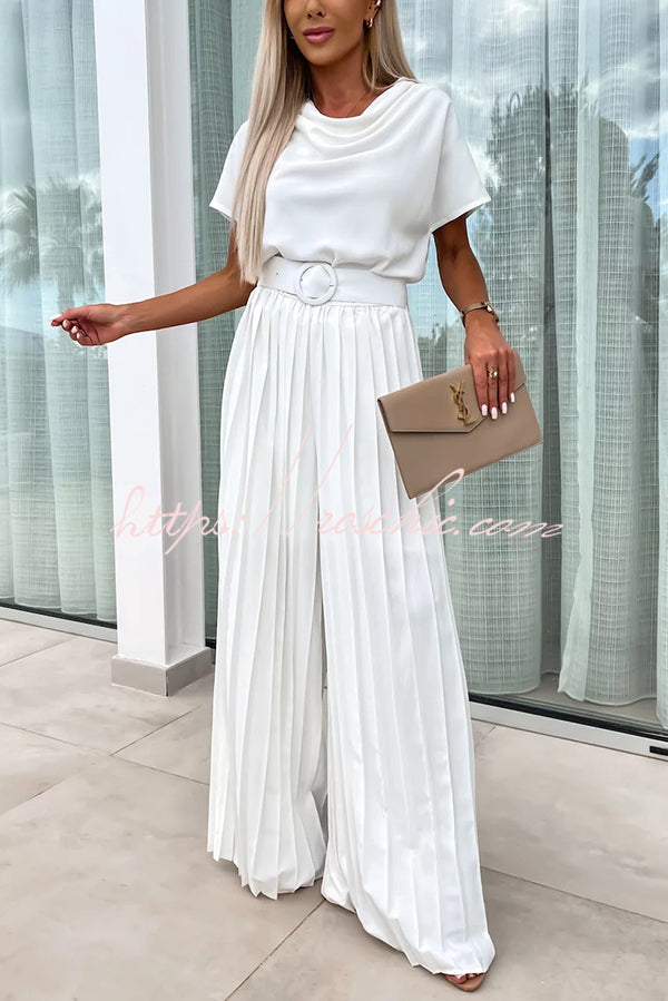 Ivy Cowl Neck Short Sleeve Belt Pleated Loose Wide Leg Jumpsuit