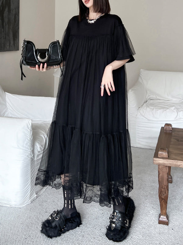 Fake Two-piece Loose Gauze Pleated Color Split-joint Tiered Round-neck Midi Dresses