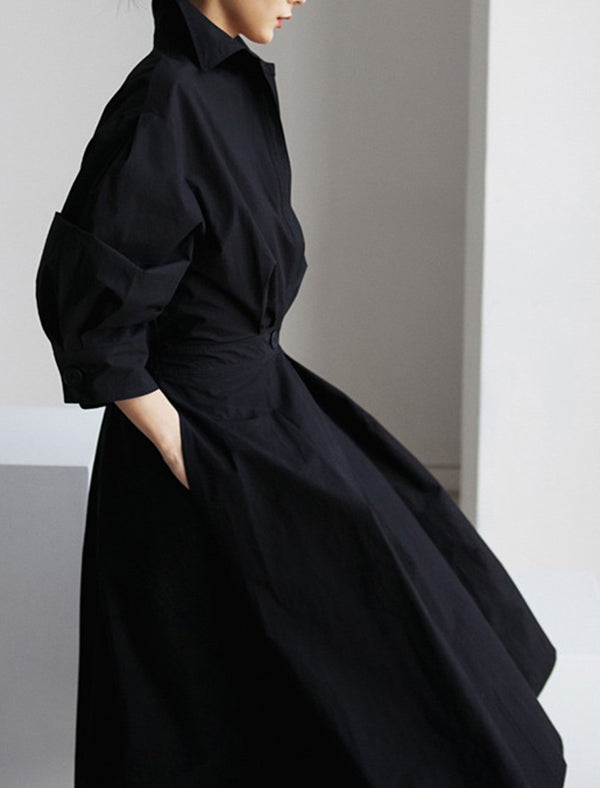 Long Sleeves Loose Pleated Color Split-joint Tied Waist Lapel Midi Dresses Shirt Dress