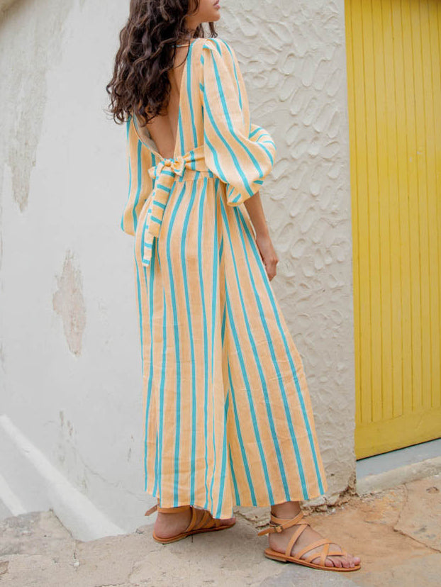 Striped Print Backless Midi Dress
