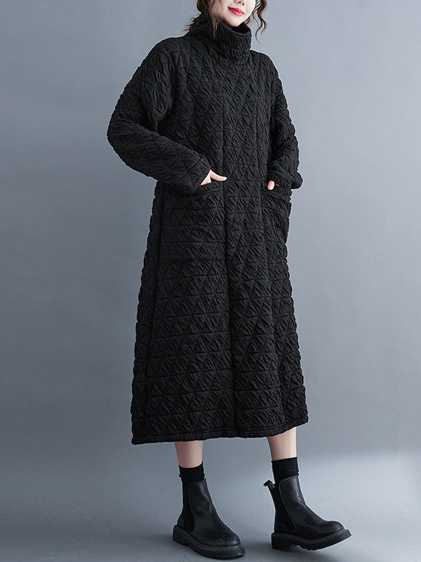 Long Sleeves Loose Color Textured High-neck Cotton Padded Midi Dresses