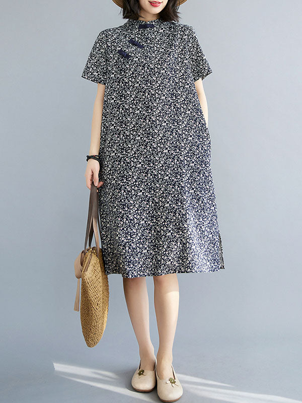 Artistic Retro Printed Stand Collar Short Sleeves Cheongsam Midi Dress