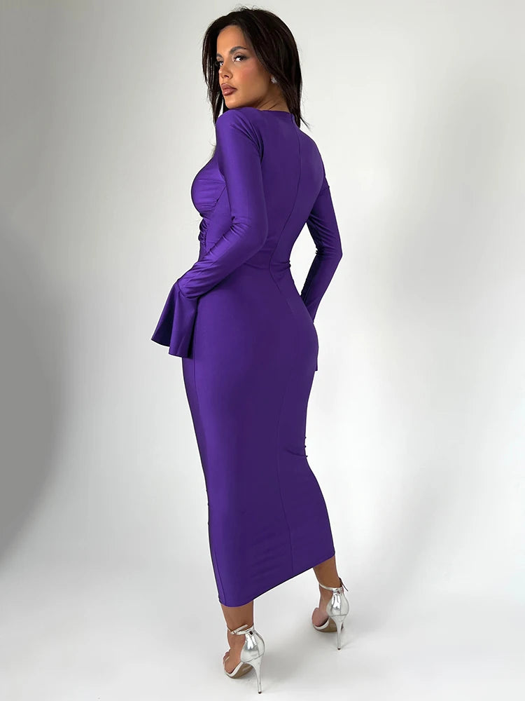 Hollow Out Maxi Dress for Spring New V Neck Long Flare Sleeve Bodycon Club Party Evening Dress