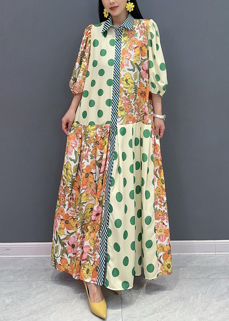 Style Green Peter Pan Collar Print Cotton Long Dress Summer Ao1049