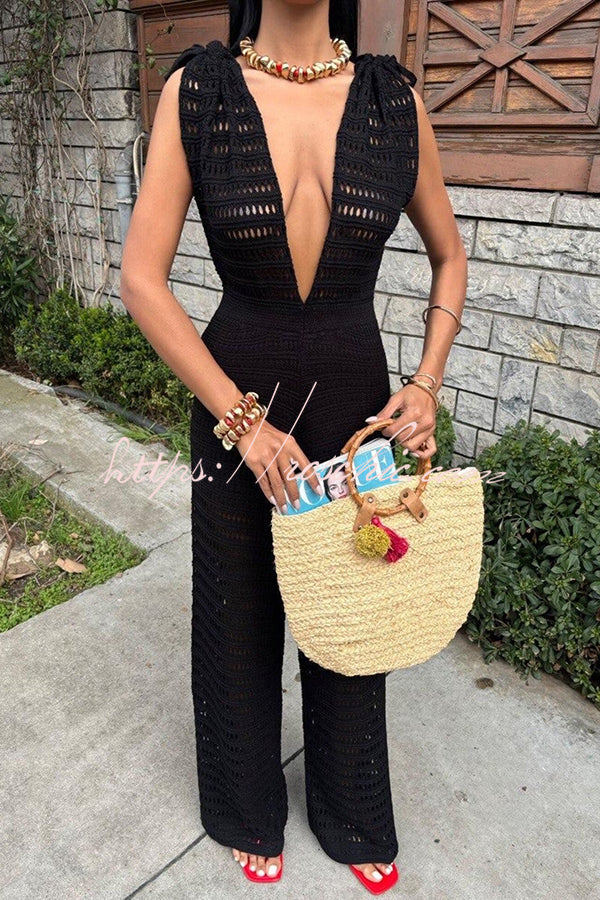 Color Knitted V-neck Holiday Hollow Jumpsuit