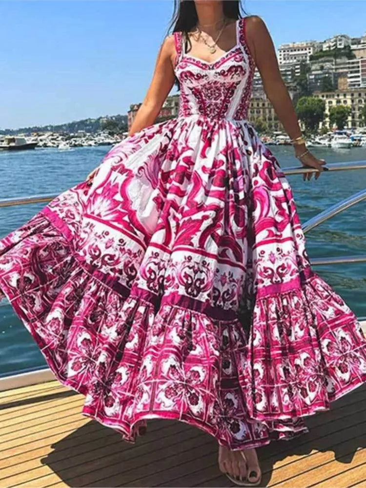 Color Printed Backless Spaghetti Strap Long Dress Sleeveless Vacation Beach Dresses for Female Vestidos