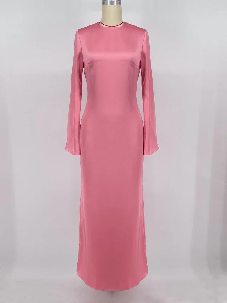 Satin Slim Maxi Dress for Long Sleeve High Waist Party Dress Autumn Dress