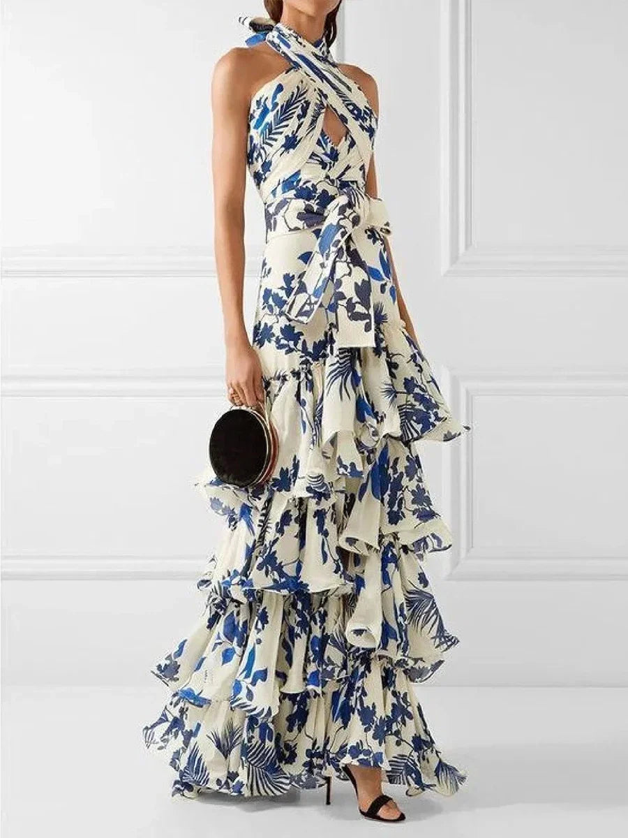Printed Suspender Dress Backless Lace Up Long Dresses for Blue High Waist Loose Formal Evening Dress