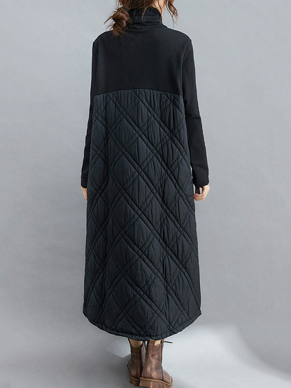 Simple Split-joint High-neck H-line Quilted Midi Dress