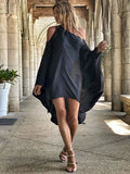 Stylish Loose High-low Batwing Sleeves Black Midi Dress