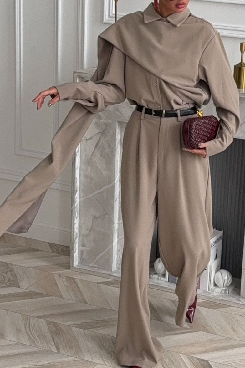 Lapel Scarf Top & Wide Leg Pants Two Piece Set