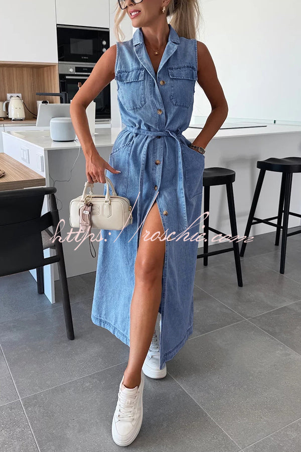 Color Sleeveless Single Breasted Waist Tie Pocket Denim Midi Dress