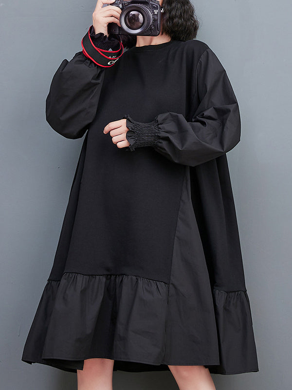 Loose Puff Sleeves Pleated Color Split-joint Round-neck Midi Dresses