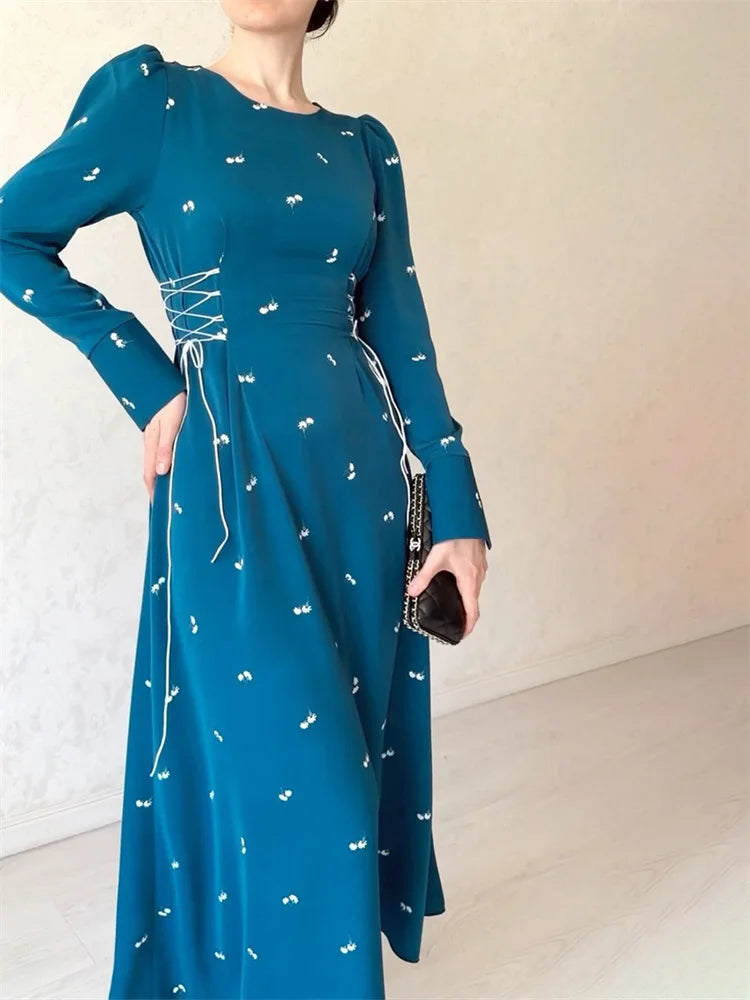 Printed Bandage Maxi Dress for Slim Patchwork Lace-up Long Sleeve Dress Female Contrast Long Dress